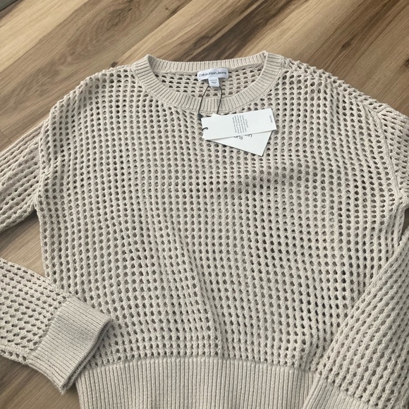 Calvin Klein Collection Tops - Calvin Klein Womens Knitted Beige Netted Long Sleeve Top Xs Nwt